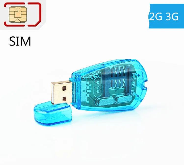 Blue USB SIM card reader for mobile phone data transfer and backup