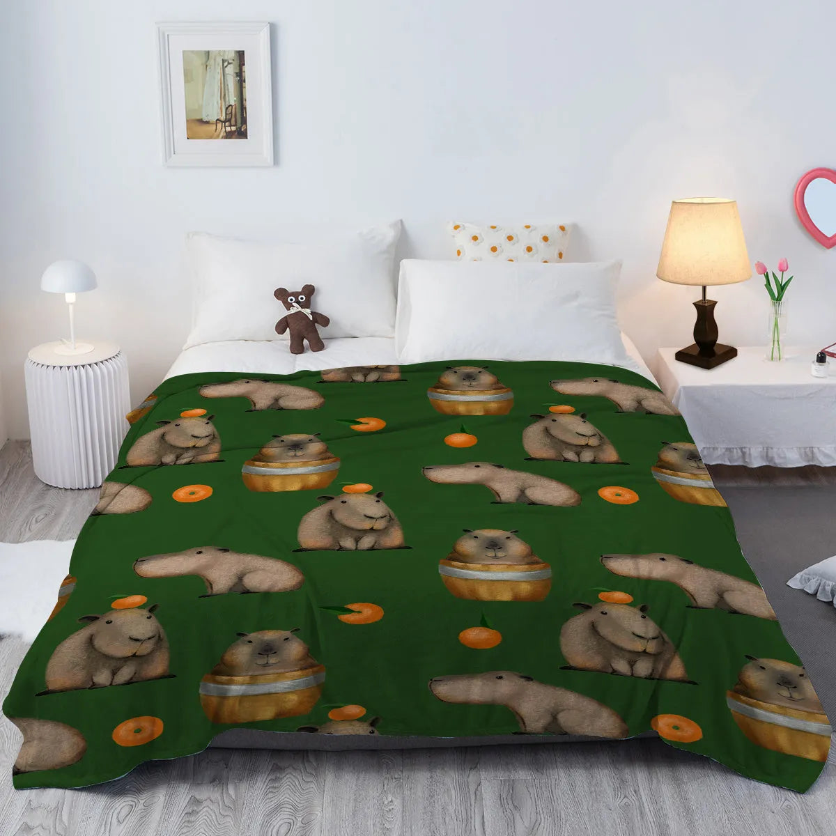 Flannel orange and capybara pattern soft fluffy multifunctional printed blanket on sofa