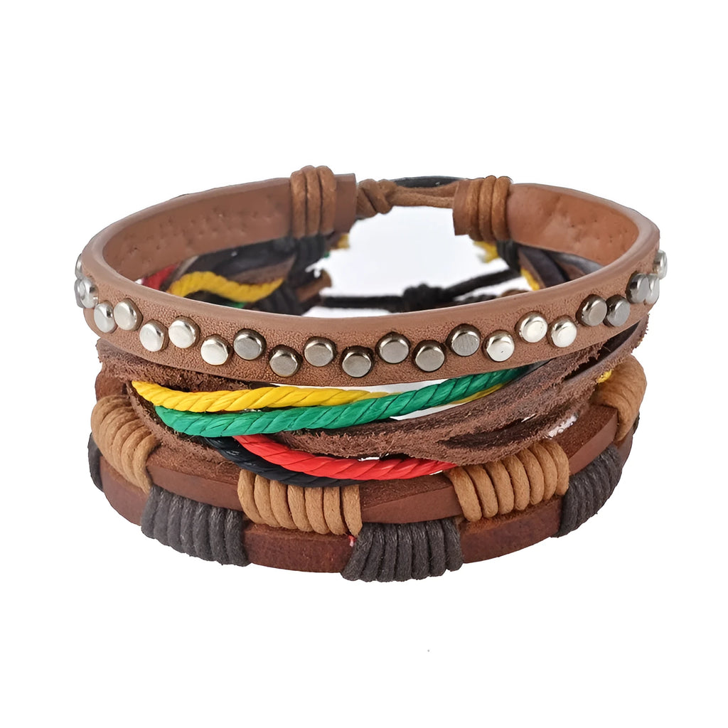 Handmade adjustable leather bracelet with wooden beads and woven design