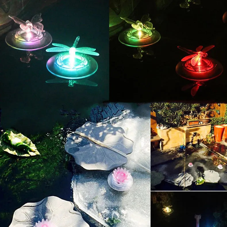Solar LED float lamp with dragonfly ornament floating on pond water showing 7 colour changing lights