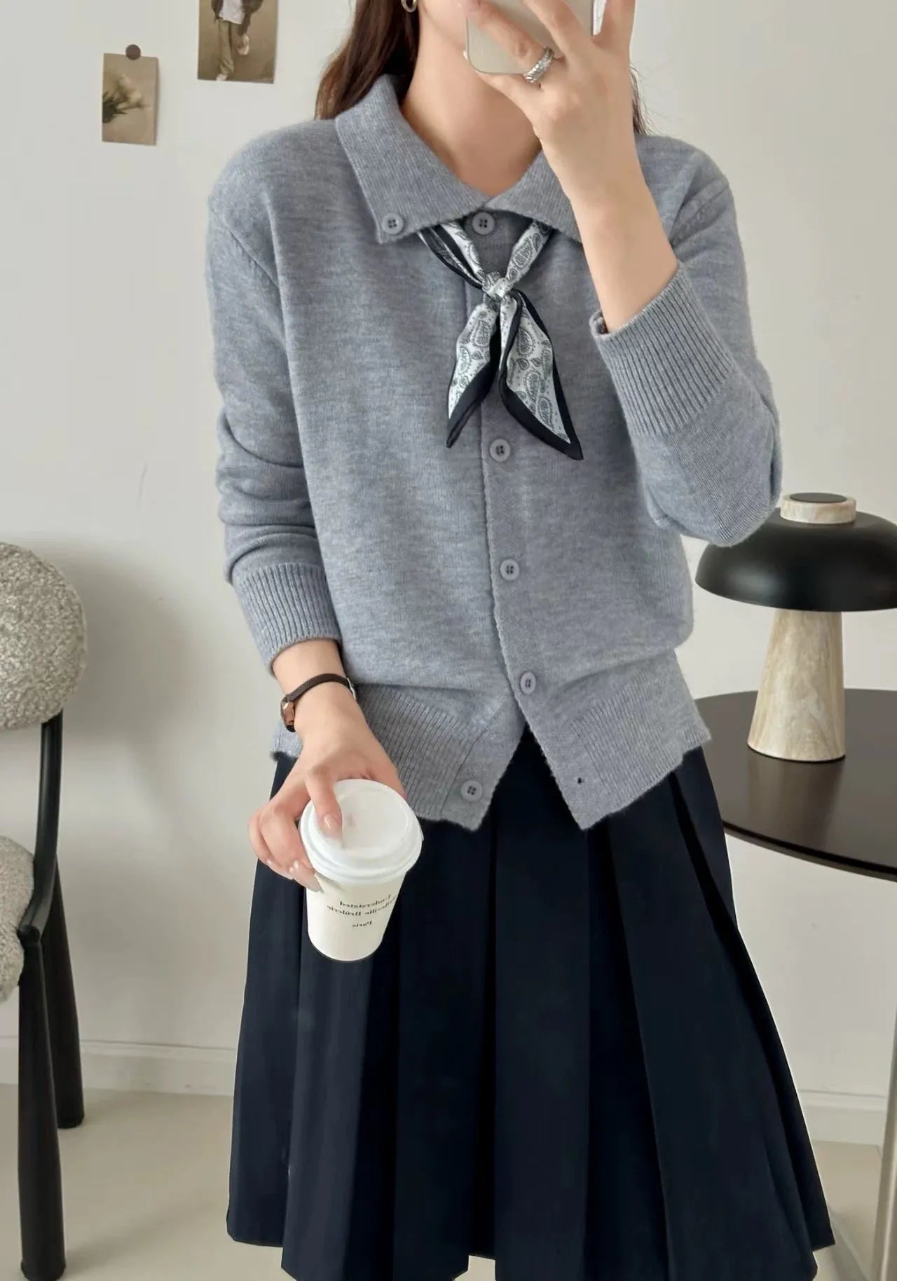 Women's lapel scarf cardigan sweater in acrylic fibre with splicing detail, free size