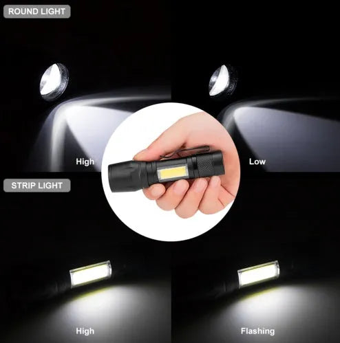 Black aluminium alloy telescopic LED torch with adjustable focus and clip