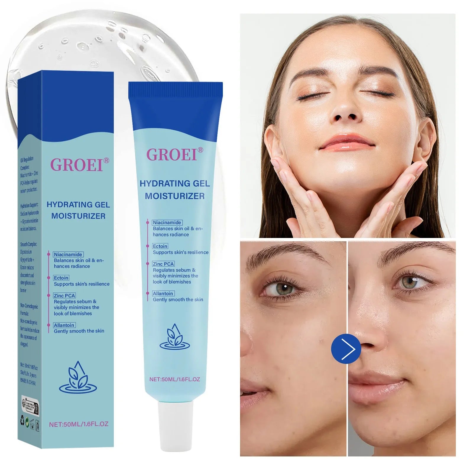 50ml moisturising facial gel with hyaluronic acid in clear container