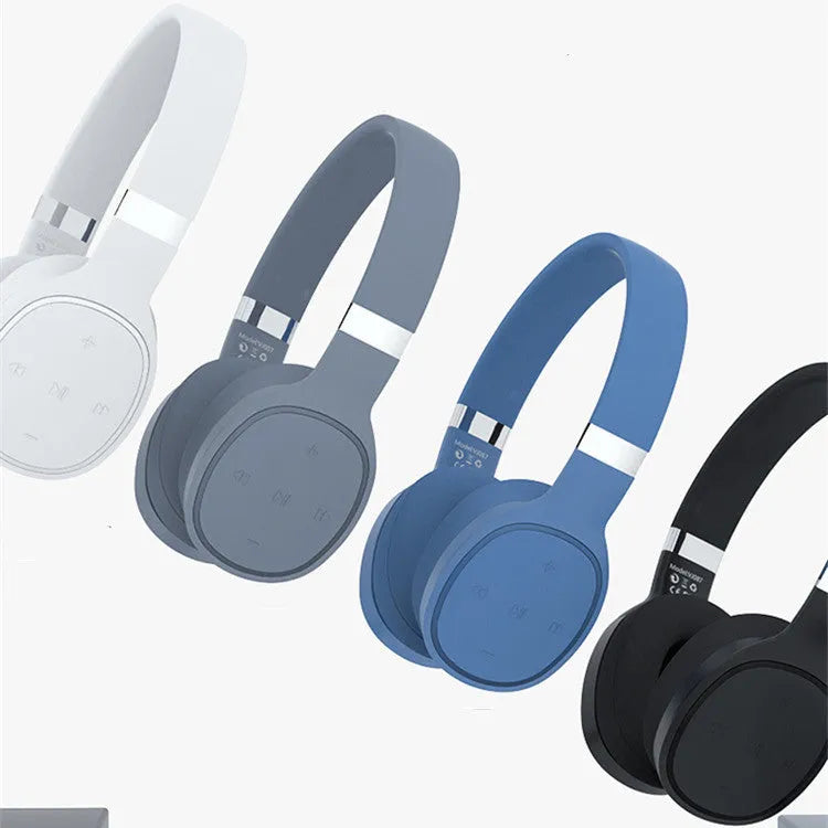 Wireless Bluetooth headset in black, blue, grey, or white with over-ear 40mm speakers.