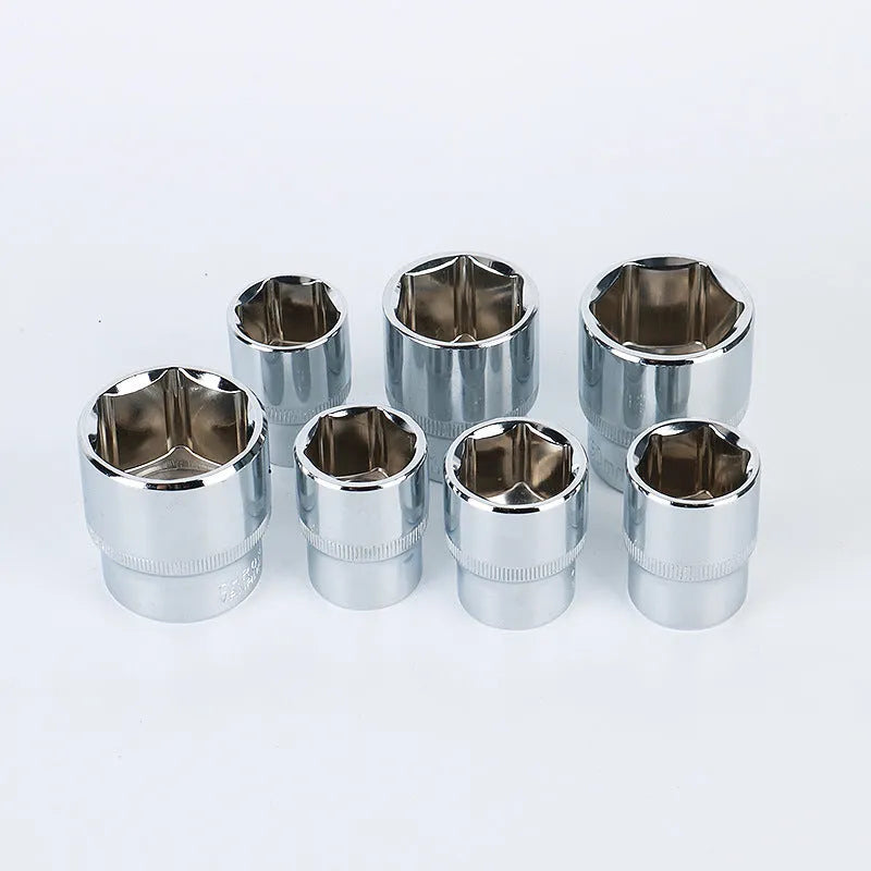 61-piece chrome vanadium steel socket wrench set with metric sockets, ratchets, and extensions on a tray.