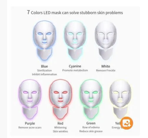 White LED light therapy face mask with opaque eye protection, remote control, and neck care section on a flat surface