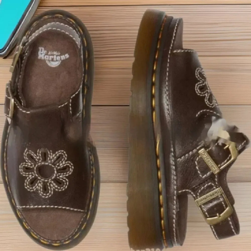 Men's black embroidered floral beach sandals with PU leather upper and flat heel