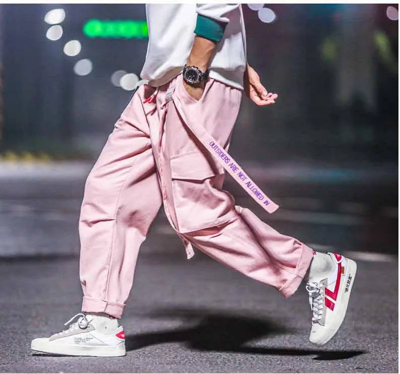Influx men's loose fit Harajuku style cargo trousers in black with drawstring waist