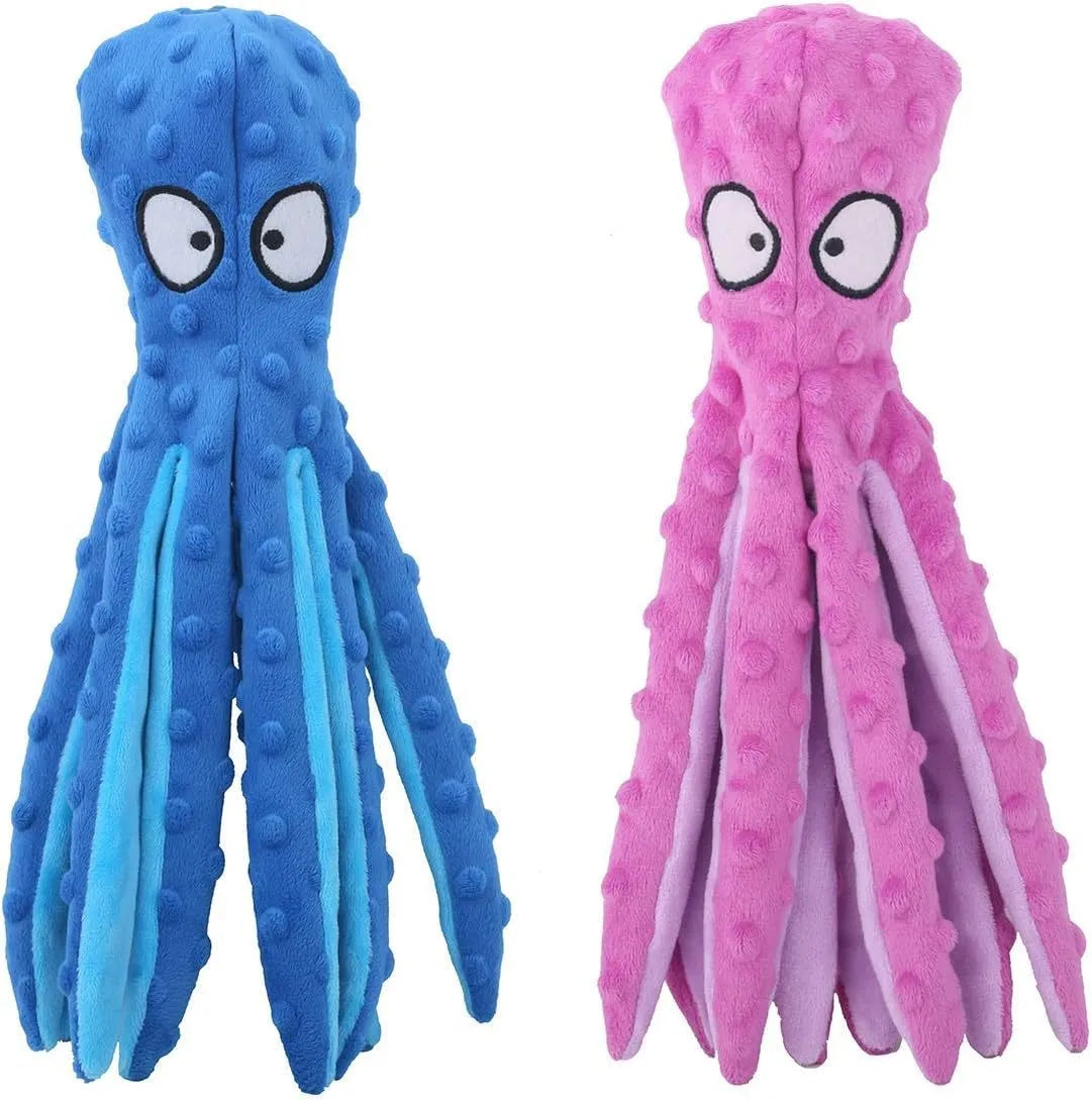 Blue octopus-shaped dog toy with crinkle sound features measuring 32cm long