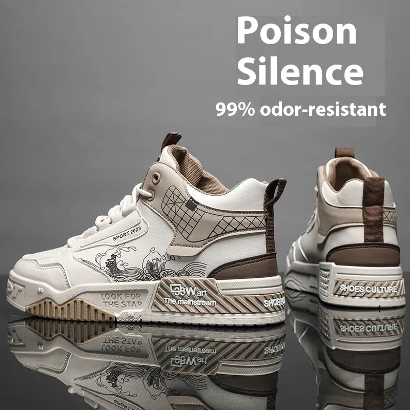 Men's high-top board shoes in beige, white and blue colours with lace-up front and rubber sole