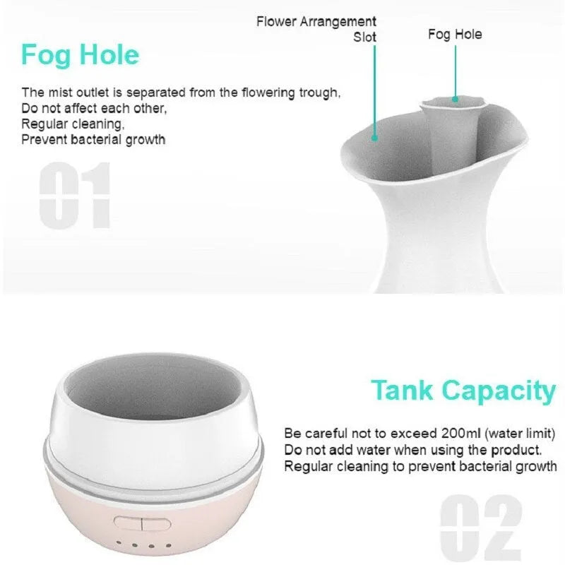 White ultrasonic aromatherapy vase diffuser with colourful LED night light and 200ml water capacity