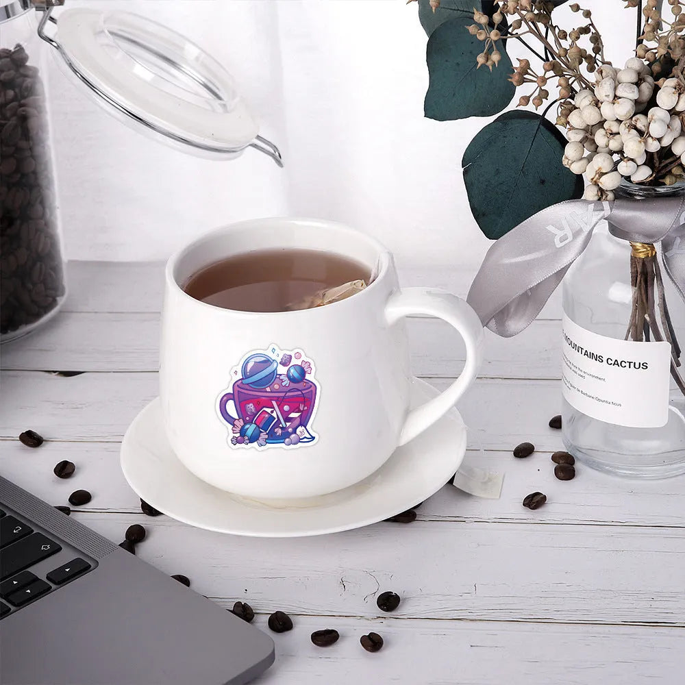 50 colourful graffiti tea cup design waterproof vinyl stickers for DIY personalisation