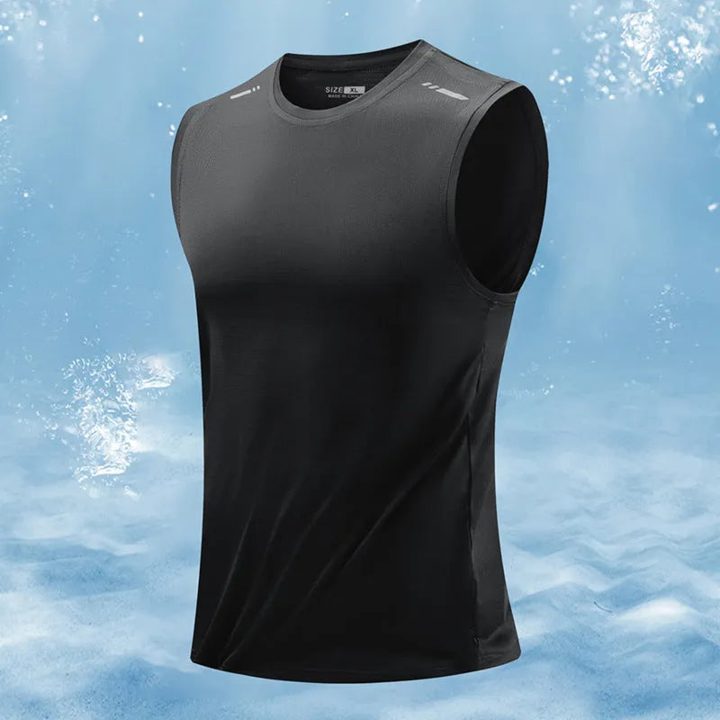 Men's loose fit sleeveless waistcoat in bamboo fibre fabric, showing straight hem design.
