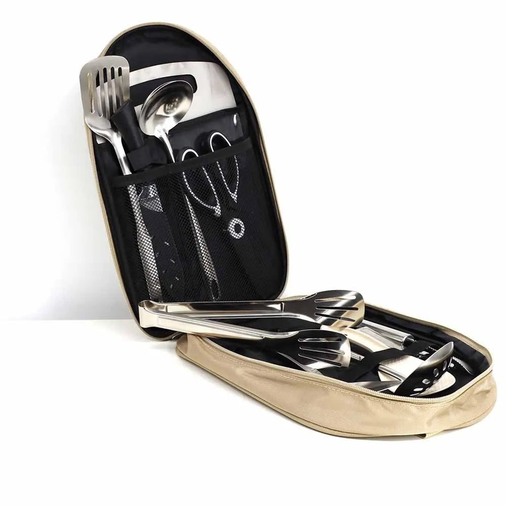 Portable 12 piece stainless steel picnic kitchenware set in storage bag for camping