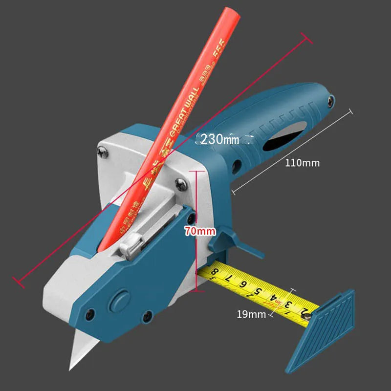 Blue aluminium alloy and plastic woodworking cutter with a built-in tape measure and safety blade.