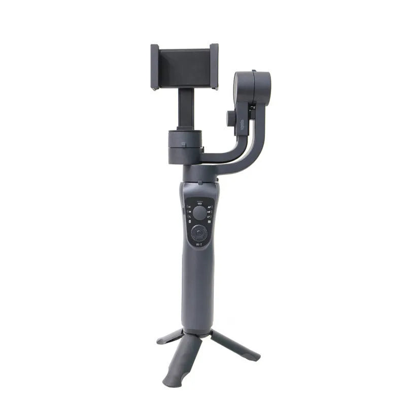 Black three-axis handheld gimbal stabiliser for mobile phones with hard case, soft case, and tripod.