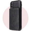 Imitation leather iPhone card wallet case showing black colour option with card storage compartment visible