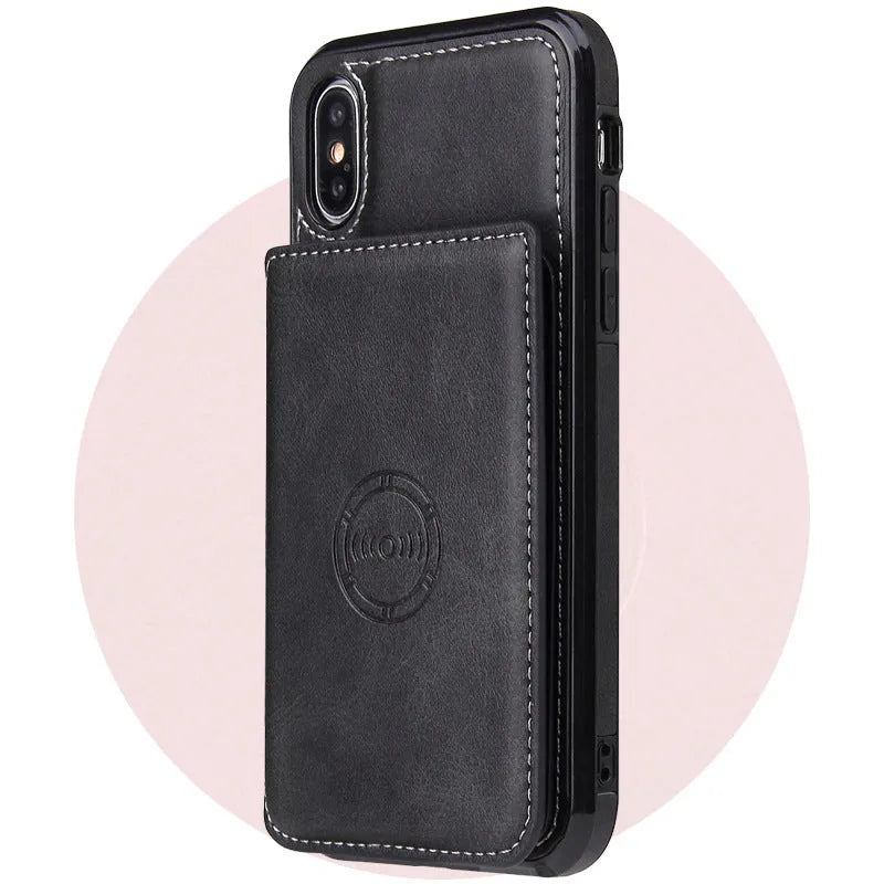 Imitation leather iPhone card wallet case showing black colour option with card storage compartment visible