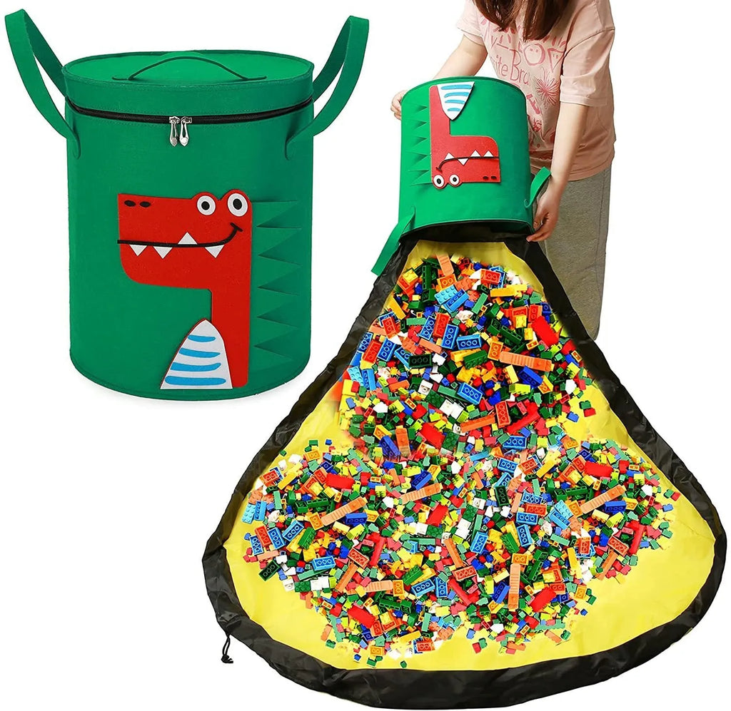 Green felt cube storage bag with pull rope closure, shown open flat as a play mat.