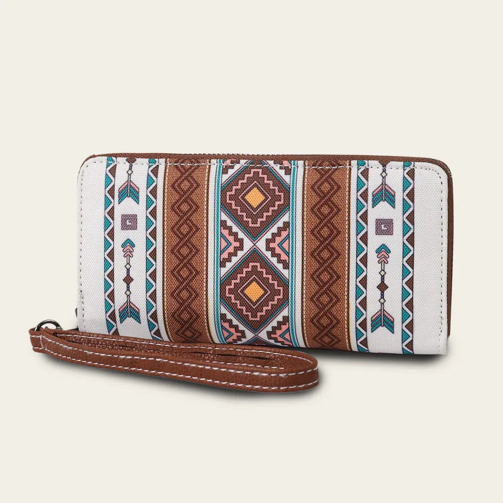 Bohemian striped canvas RFID blocking wallet with wind belt closure in beige colour