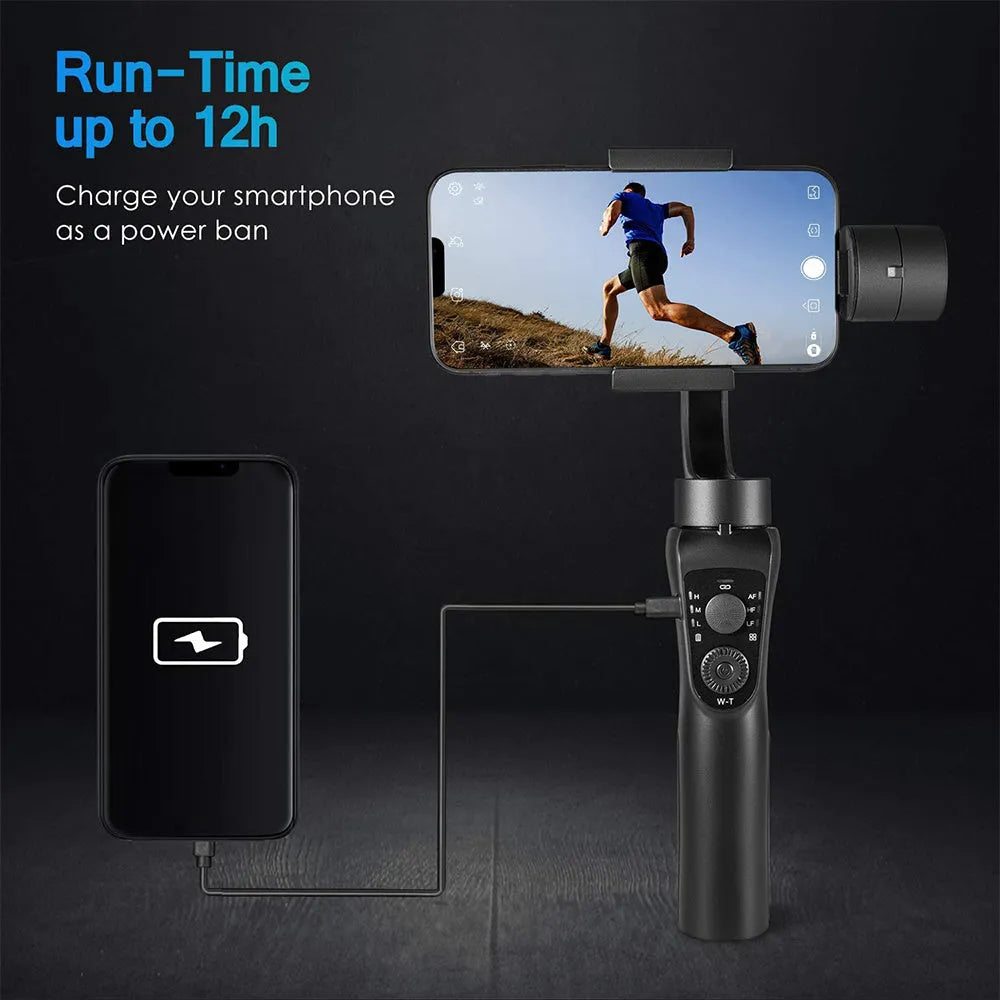Black three-axis handheld gimbal stabiliser for mobile phones with hard case, soft case, and tripod.