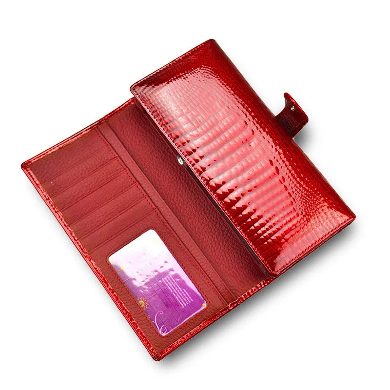 Genuine leather women's coin purse with crocodile pattern patent finish in wine red colour