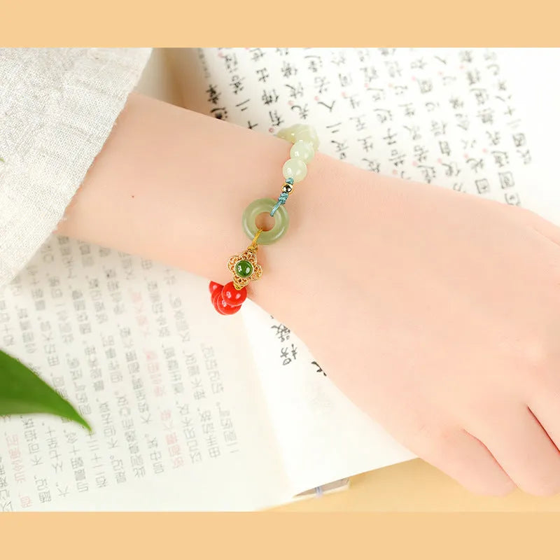 Hetian gray jade and cinnabar safety buckle bracelet with 8mm flower beads, retro style, women's accessory