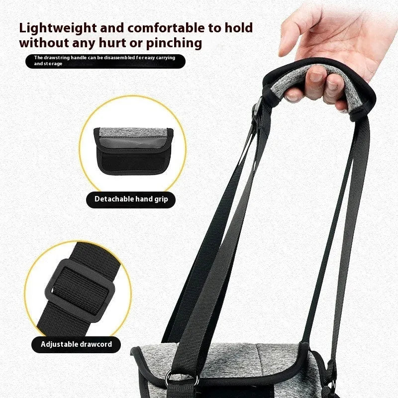 Grey neoprene dog rear leg recovery support belt shown with size chart.