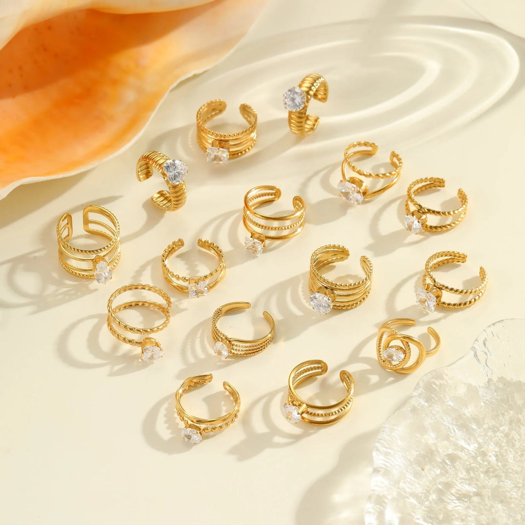 Geometric gold-electroplated stainless steel women's ring with zircon inlays and open mouth adjustable design