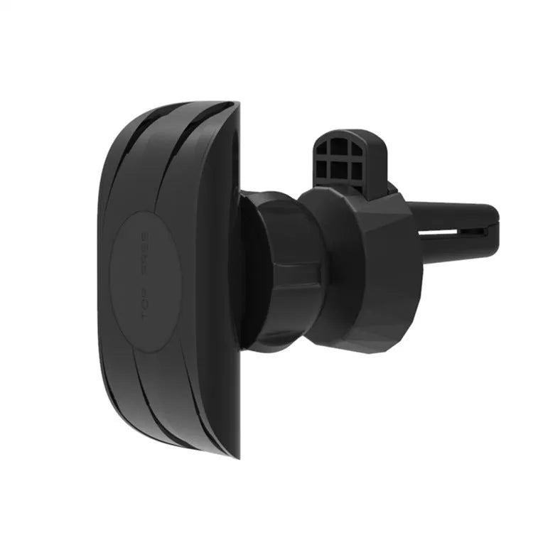 Black car phone holder mounted on car air vent with adjustable clamp and flexible positioning arm
