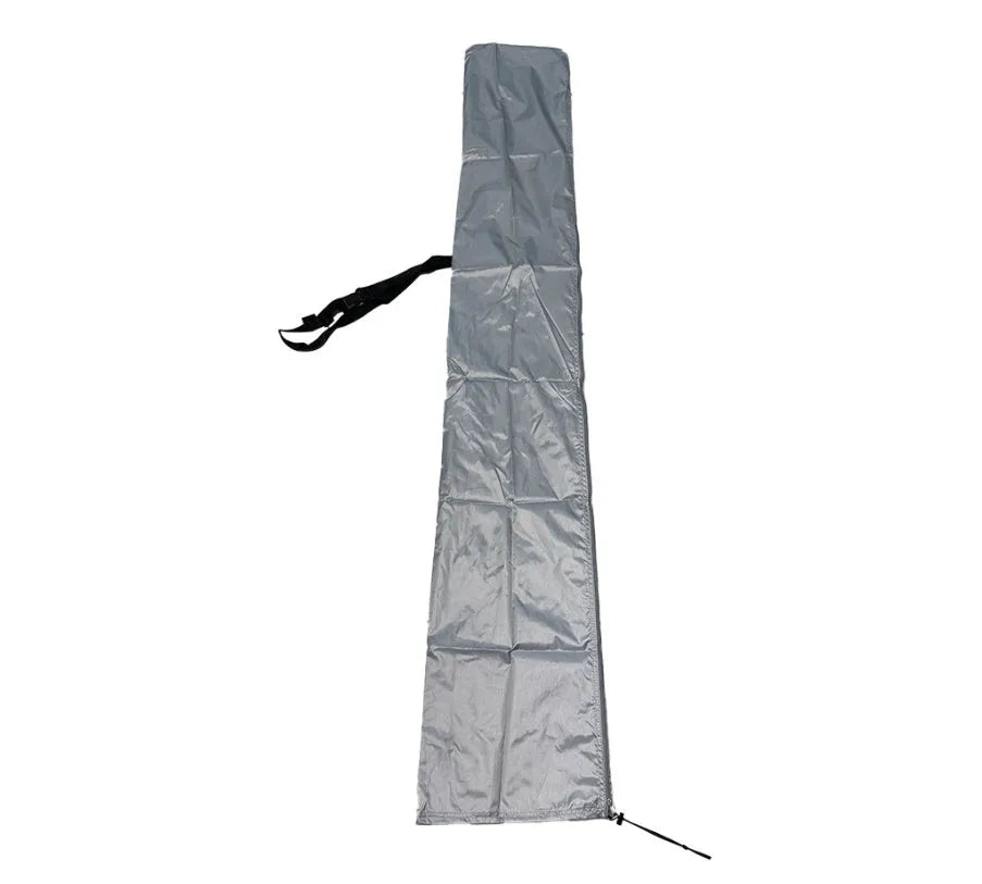 Black and grey Oxford cloth outdoor umbrella covers for patio furniture in various sizes.