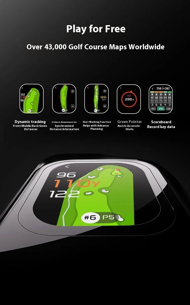GenePro G1 golf laser rangefinder with GPS showing AMOLED touchscreen display and compact black design