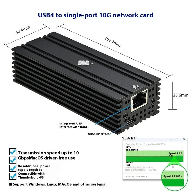 Black USB4 10 Gigabit network adapter with RJ45 port and 20cm cable
