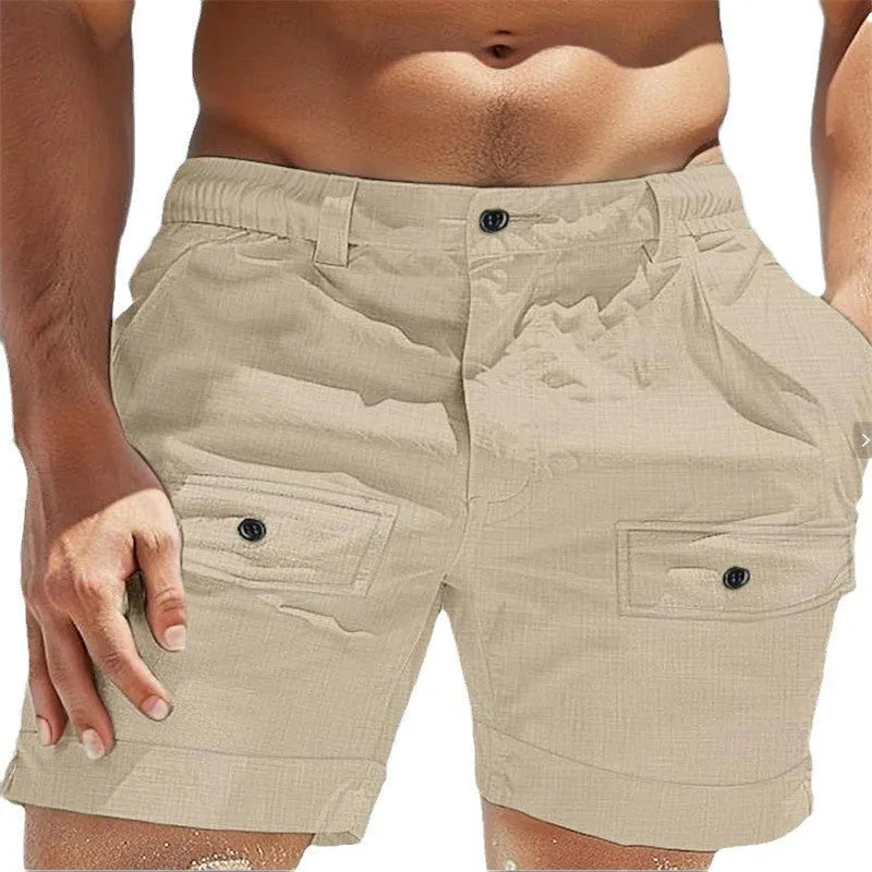 Men's linen shorts with elastic waistband and button pockets in white or khaki colour