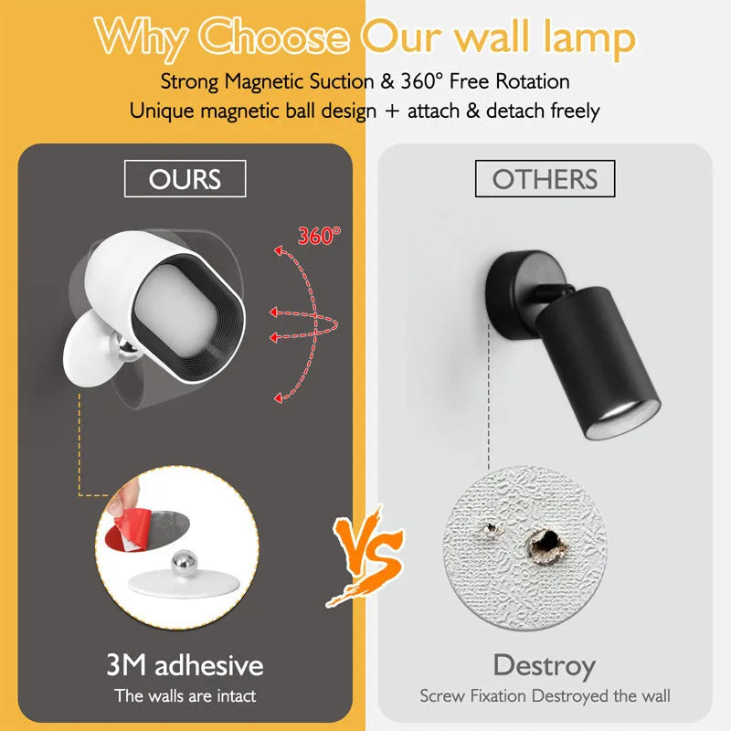 Oval-shaped cordless wall lamp with magnetic rotation and remote control in black or white finish