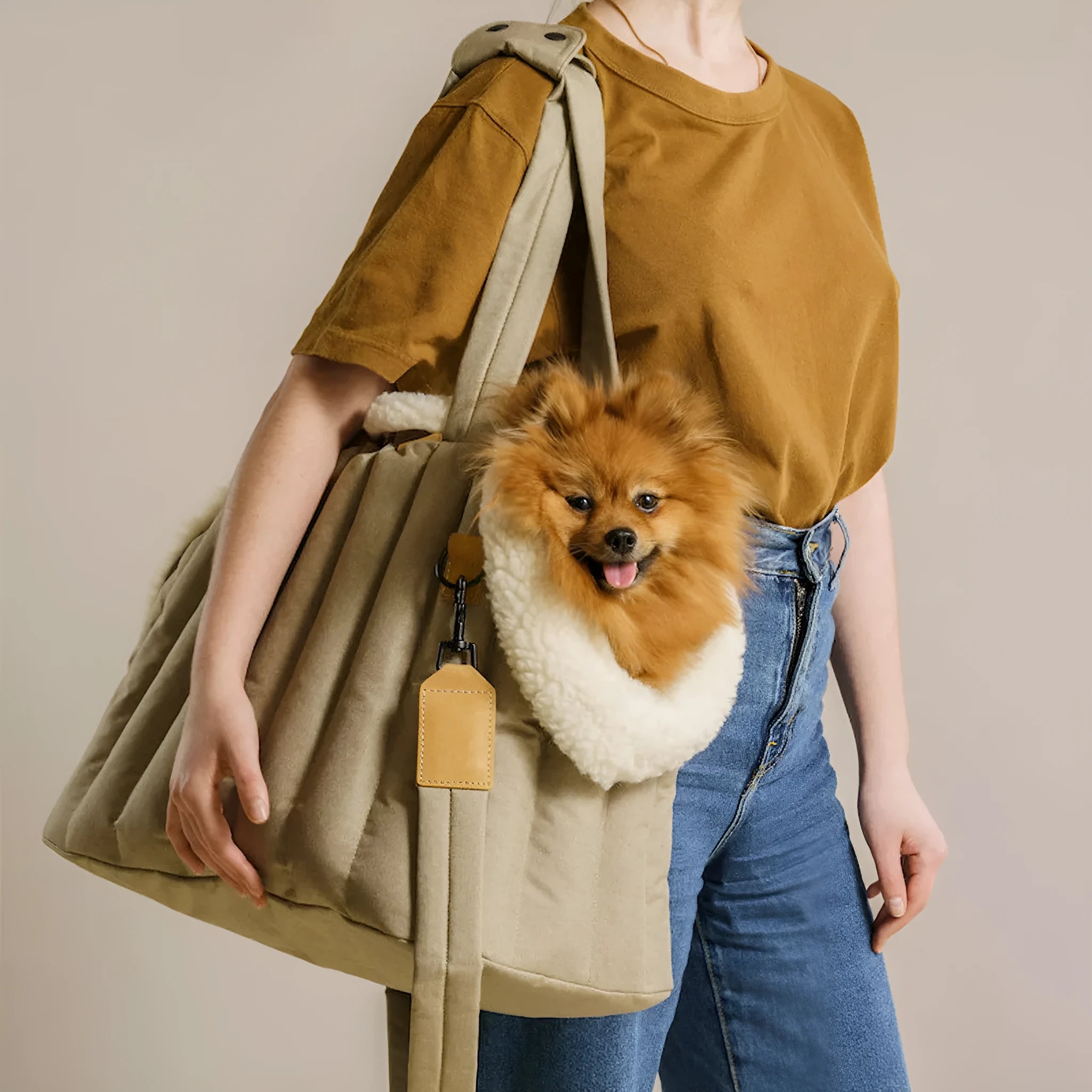 Lightweight waterproof polyester pet carrier bag for dogs and cats, 46x25x35cm, beige colour