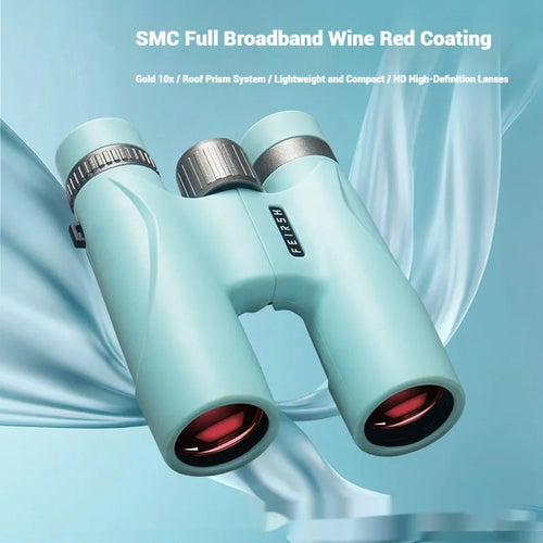 10x32 grey or blue plastic binoculars showing 112mm compact dimensions with optical specifications