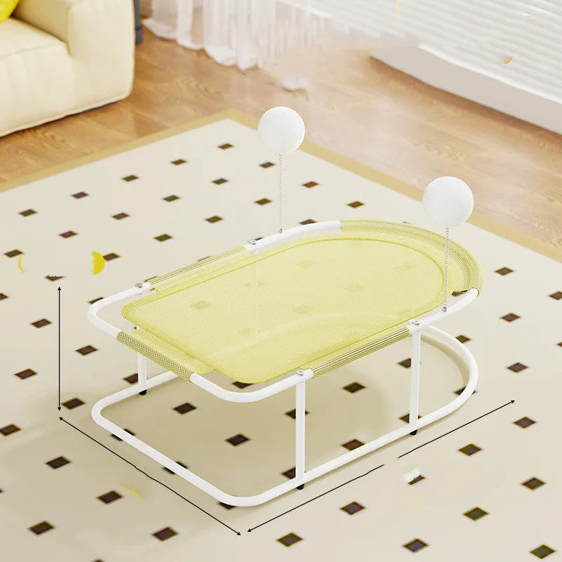 Large grey fabric kennel cage bed for a cat resting inside.