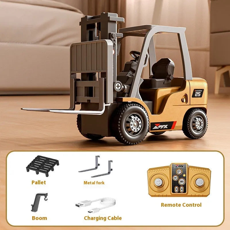 1:64 scale alloy remote control forklift toy with Bluetooth controller and cargo accessories.