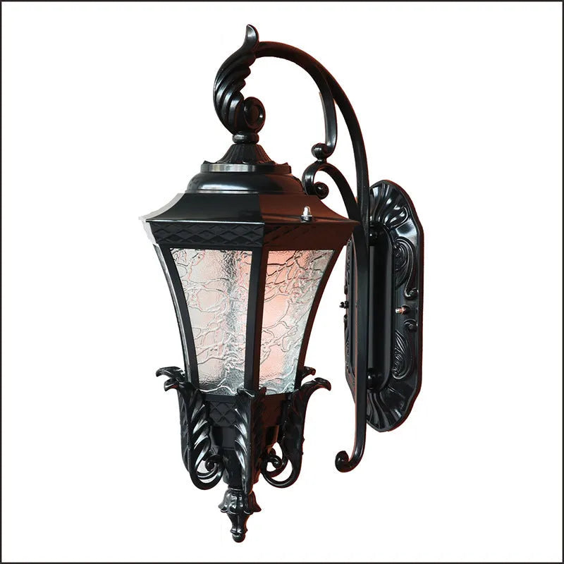 European-style black solar wall lamp with waterproof IP54 rating for outdoor courtyard lighting