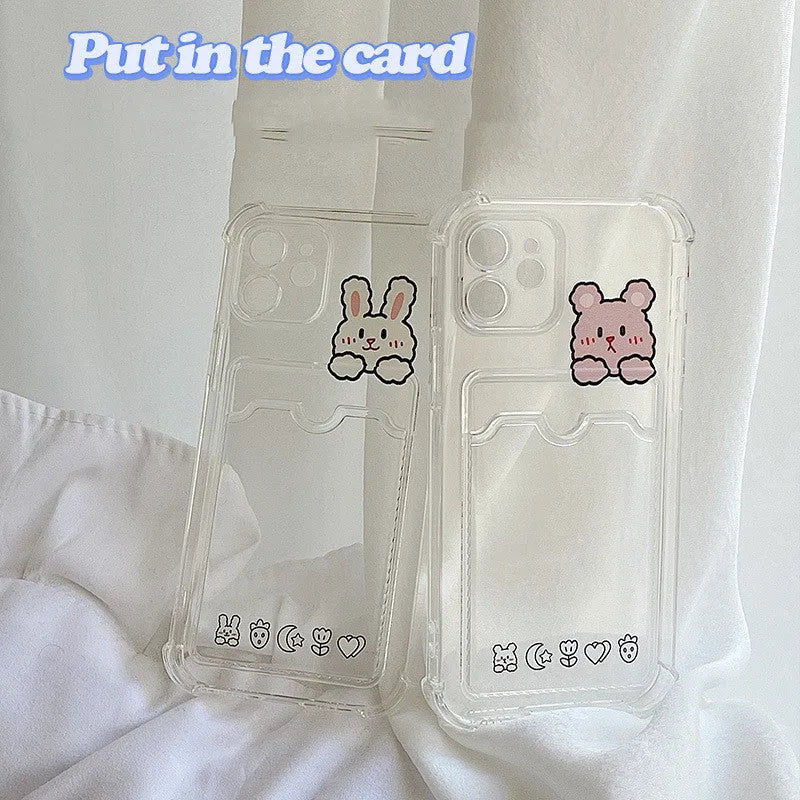 Transparent cartoon design iPhone case with a card slot on the back