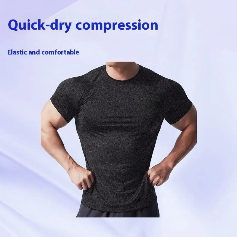 Men's black stretch polyester quick-drying short sleeve T-shirt with round neck