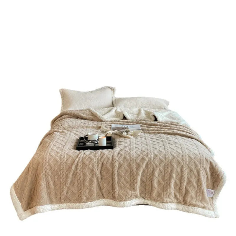 Polyester thermal flannel blanket in tea green colour on a bed, showing modern simplicity design.