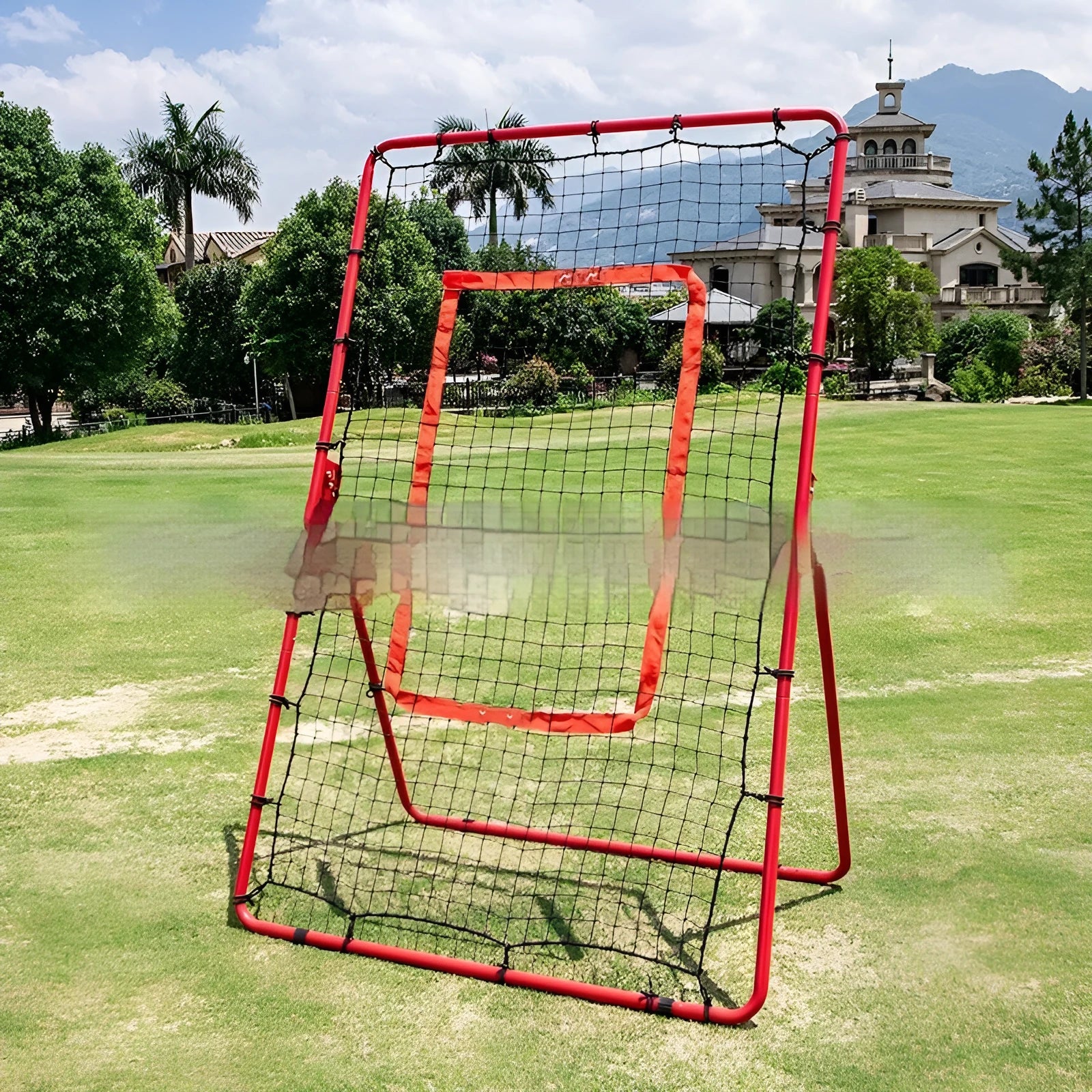 Red 4x6FT adjustable baseball training net with steel frame shown in garden setting