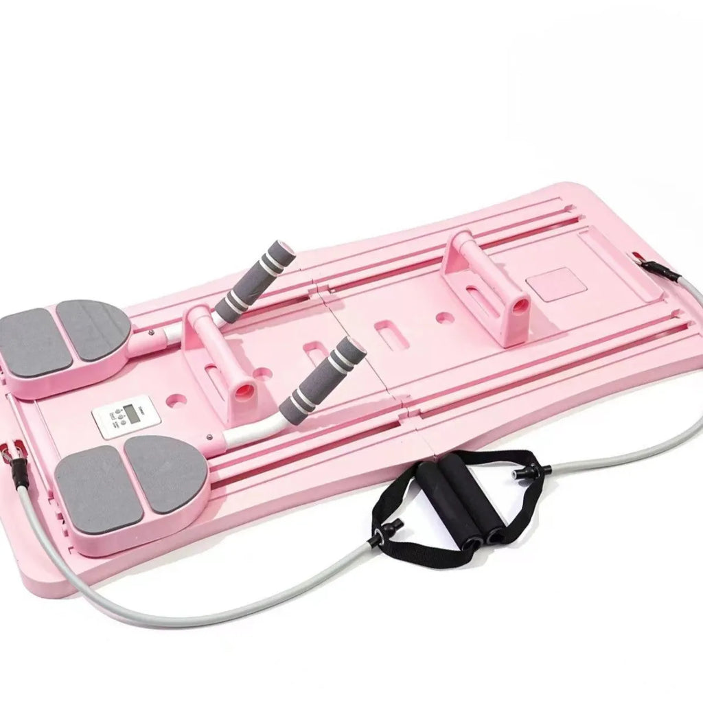 Foldable purple PP plastic belly panel fitness board for abdominal exercises on a home floor.