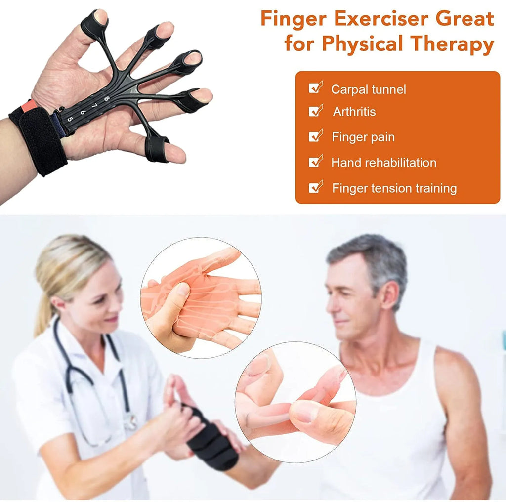 Black silicone finger flexion extension trainer with adjustable tension belt for hand rehabilitation