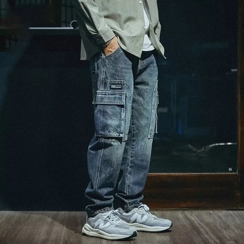 Men's blue loose straight retro fashion stretch pants with zip placket fly for leisure wear