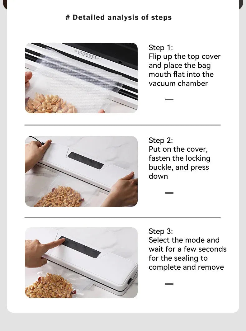 White automatic vacuum sealer machine for household food preservation and storage