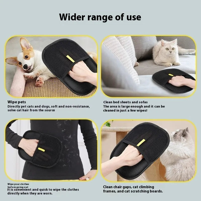 Black pet hair removal glove with silicone bristles for grooming dogs, cats, and rabbits.