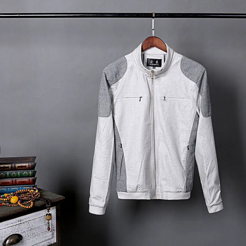 Men's lightweight cotton linen jacket in heather grey, shown on a hanger.